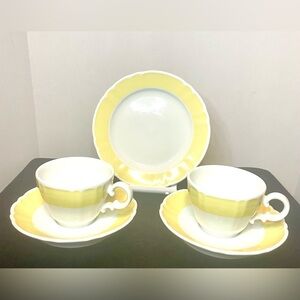 Schonwald German Porcelain Tea Cup Saucer Snack Plate Set 5 pc Yellow White